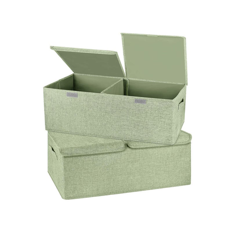 Valease 2 Pack Storage Boxes with Lids and Handles, Collapsible Linen Storage Bins Organizer Containers Baskets Cube with Removable Divider for Home Bedroom Closet Office (Green, Small) - Image 1